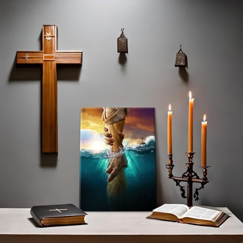 Jesus Christ Canvas Wall Art The Hand of God Jesus Reaching Into Water Christian Painting Prints Biblical Wall Decor Religious Room Decor for Church Living Prayer Bedroom Room Hospitals 24x36In canvas Jesus06 24"L x 36"W