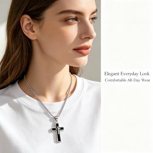 Mens Cross Necklace, Stainless Steel 3D Layered Cross Pendant Chain for Men