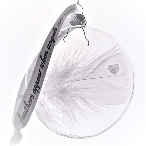 Heart Stamped Real White Feather in Glass Round Bauble Plus Black Display Stand. Christmas Tree Hanging Decoration. Spiritual Angel Gift