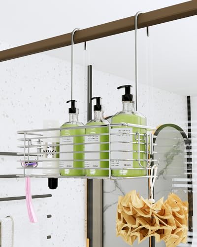 Stainless steel over door shower caddy with rotating hooks and hanging basket for shampoo, bathroom organizer by QIHS