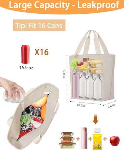 Insulated Lunch Tote Women Work 2 Pockets Cooler Bag 16 Bottle Beige X-Large 16_White