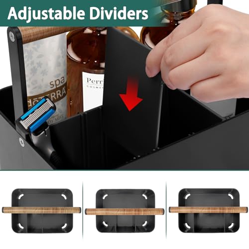BYUNER Portable Shower Caddy Dorm: Bathroom Caddy Organizer with Handle and Adjustable Dividers,Plastic Shower Basket for Toiletry,Makeup,Vanity,Shower Storage Tote for College, Cleaning Caddy, Black Black / Wood Handle