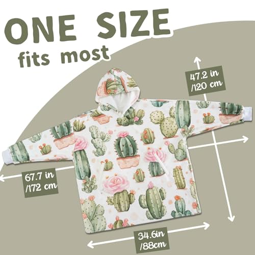 Huglanket Cactus Gifts for Cactus Lovers, Wearable Flannel Cactu Blanket Hoodie with Two Large Pocket