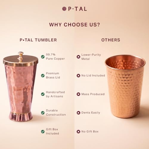 P-TAL Pure Copper Tumbler Glass - (20 Fl Oz, 600 mL) Cup with Brass Lid