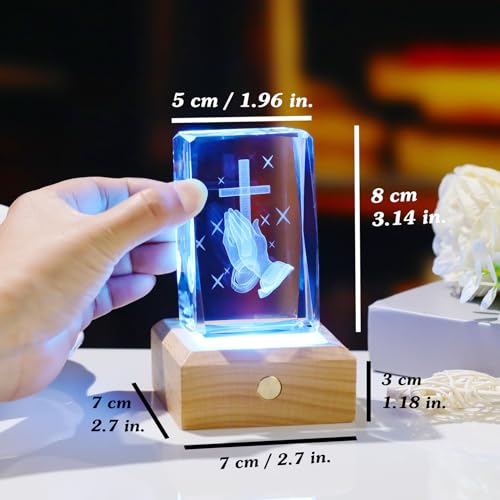 Arikyrist 3D Crystal Praying Hands Statue with Wooden Colorful LED Base Praying Hands With Cross