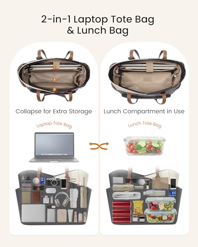 LOVEVOOK Lunch Bag for Women,2 in 1 PU Work Tote Bag with Lunch Compartment with Giant Tumbler Side Pocket, 15.6" Laptop Tote Bag with Padded Sleeve for Teacher,Nurse,College Black/Pinkish white/Dark amber 15.6 Inch