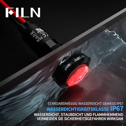 2 x 12 mm LED Metal Indicator Light 12 V-24 V DC Indicator Light (Red) | Indicator Light Signal Lamp IP67 Waterproof Metal Housing with 180 Symbols for Car, Boat, Industry, Control Panel Red Symbol