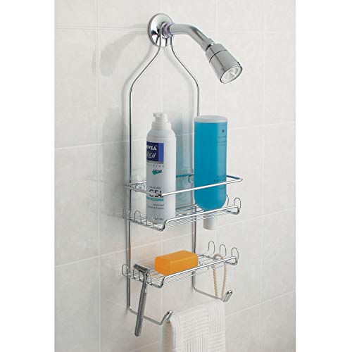 Silver iDesign Steel Hanging Shower Caddy from the Milo Collection with 9x4.5-inch compartments for bathroom organization.