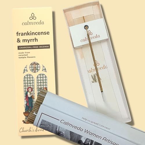 CALMVEDA, Frankincense and Myrrh Incense with Rosewood Incense Holder (80 Sticks + 1 Holder) | Beautiful Natural Incense and Holder Combo for Home Decor and Spiritual Practice