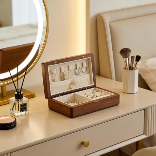 Real Wooden Jewelry Box With Flannelette Lining Travel Portable Multi-functional Suitable For Rings Bracelets Necklaces With Compartmented Storage And Elastic Pockets For Organization Small