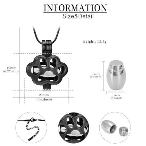 Pet Cremation Jewelry for Ashes for Dog Cat Paw Print Memorial Locket Urn Necklace with Mini Case Keepsake Cremation Jewelry for Women/Men Black-silvery