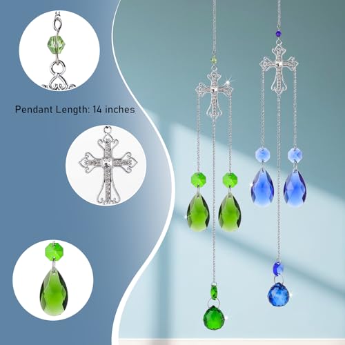 Cross Suncatcher, 16 Inch Blue Green Crystal Sun Catcher, Cross Gift for Religious, Christian Gifts, Easter Faith Home Decor Set of 2