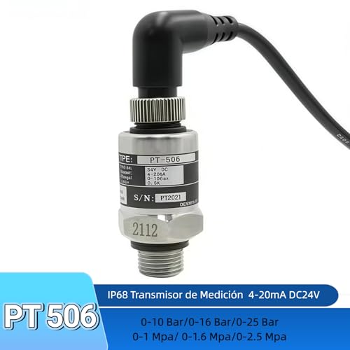 Stainless Steel Pressure Transducer 0-10 Bar Pressure Sensor 1 Mpa Pressure Transmitter Highly Accurate Water Pressure Sensor Bends 24 V DC 4-20 mA Output G1/4 Inch for Water Gas, Protection Class IP68