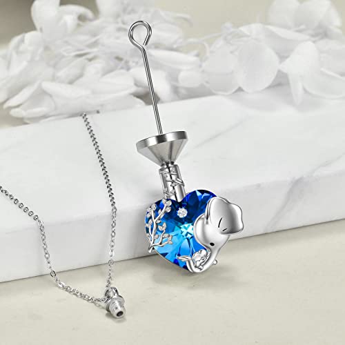 VONALA Elephant Necklace Sterling Silver Elephant Dragonfly Hummingbird Urn Necklace Heart Crystal Pendant Necklaces Animal Insect Bird Jewelry Gifts for Women Blue Elephant Urn Necklace