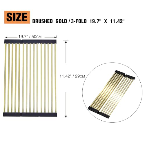 Foldable Nicmondo over sink dish drying rack with brushed gold finish, 19.7" x 11.42", featuring cuttable silicone edge for versatile use.