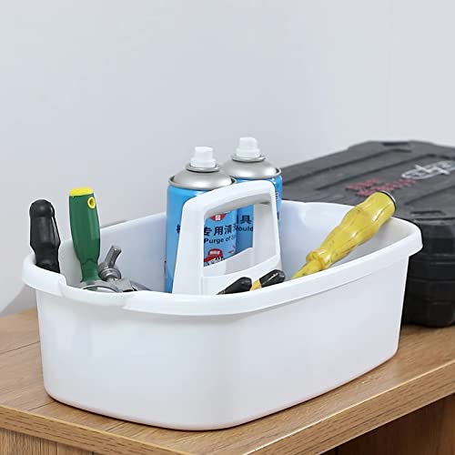 Two large white JiatuA shower caddies with handles, portable bathroom organization baskets, ideal for cleaning supplies or toiletries.