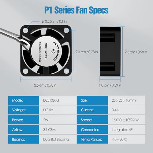 Hotend Cooling Fan for Bambu Lab P1P/P1S, 2-Pack 15000RPM High-Speed Silent Cooling Fans, Fast Heat Dissipation Replacement Parts - 3D Printer Hotend Cooling Accessories