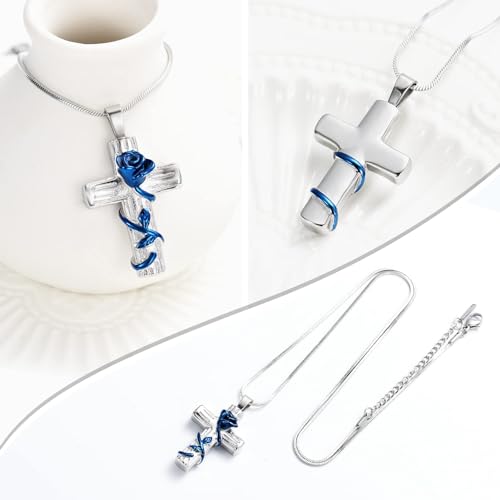Rose Flower Cremation Jewelry for Ashes Pendant - Rose Flower Cross Urn Necklace with Mini Keepsake Urn Memorial Ash Jewelry Blue