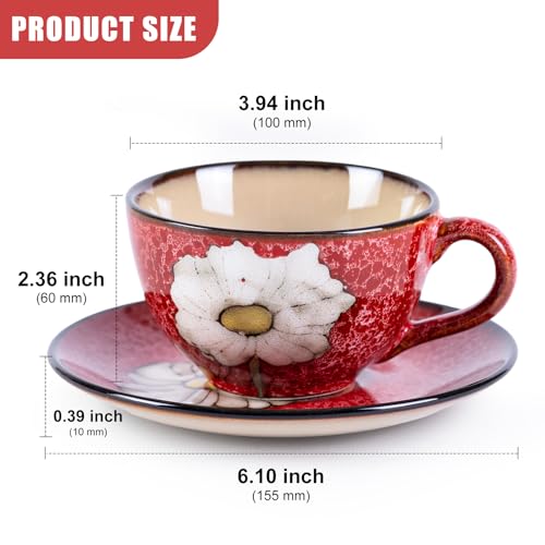 8 Oz Floral Porcelain Cappuccino Cups with Saucers Set of 4, Stoneware Tea Coffee Mugs for Home Kitchen & Office, Dishwasher Microwave Oven Safe, for Espresso, Latte, Americano, Milk & Tea, Mix