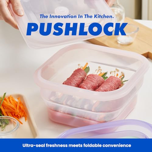 PushLock Collapsible Food Storage Container&Smart Cooking Steam Tray, Space-Saving, Platinum Silicone, Microwave&Freezer&Dishwasher Safe, for Cooking&Leftovers, BPA-Free, 60oz per Unit (NAVY&OLIVE) NAVY&OLIVE