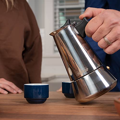 London Sip Stainless Steel Stovetop Espresso Maker Moka Pot Italian Coffee Percolator, Silver, 6 Espresso Cups Medium