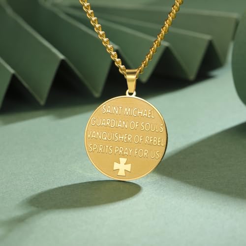 TEAMER Saint Michael Necklace Stainless Steel St. Michael Pendant The Great Protector Archangel Amulet Necklace Religious Jewelry For Men Women Gold