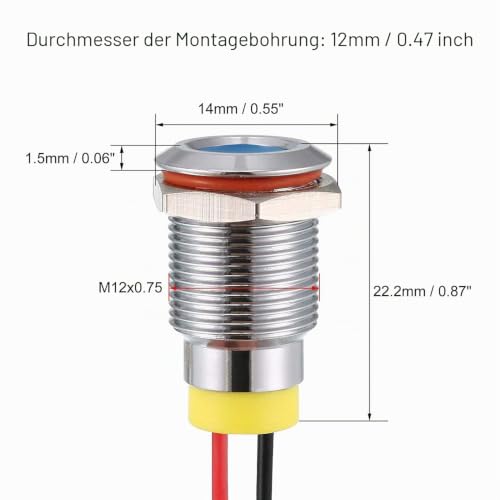 RUNCCI-YUN Pack of 10 12V-24V 12 mm 1/2 Inch LED Metal Indicator Light Waterproof Signal Lamp LED Panel Installation Indicator Light (Green × 2 Yellow × 2 Red × 2 Blue × 2 White × 2)