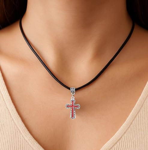 Gregory Crafts & Gifts Saint George Cross, England Pendant Necklace, Black Cord, Unisex Gothic Jewellery, 18"