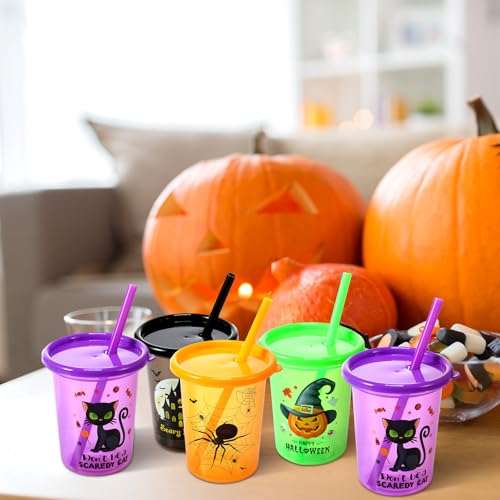 Nuanchu 24 Pcs Halloween Cups for Kids Plastic Tumbler with Lids and Straws 10 Oz Reusable Toddler Cups for Happy Halloween Party Gift Supplies (Vivid) Vivid