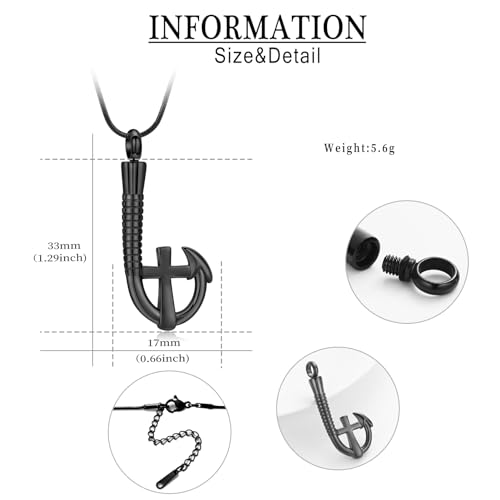 Cross Urn Necklace for Ashes Fish Hook Cremation Urn Pendant Fishing in Heaven Memorial Keepsake Jewelry for Men Black