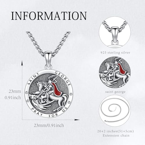 Saint George Necklace 925 Sterling Silver Saint Medal Chain Protect Us Amulet Jewelry Gift for Men Women with 2.5mm 22+2 inch Rolo Chains