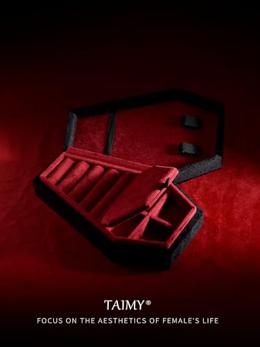 TAIMY Coffin Jewelry Box, Goth Jewelry Box, Velvet Gothic Jewelry Organizer Black Red 4 Grid