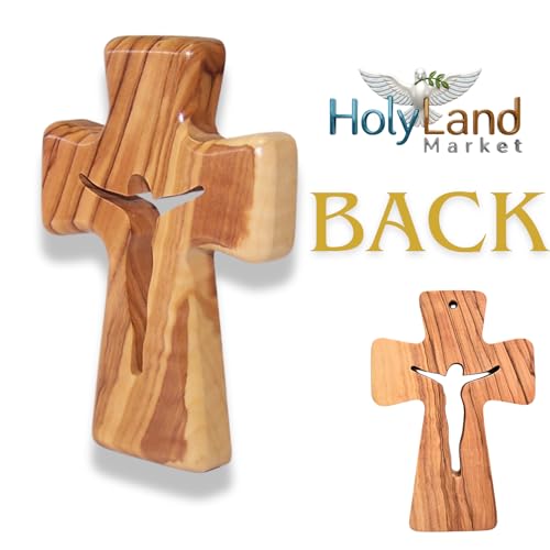 Wooden Pocket Cross - Bethlehem Olive Wood - 3-in-1 Design: Standing, Hanging, or Holding - Hand-Carved Jesus Silhouette - Includes Velvet Pouch, Prayer Card, & Certificate (4.2 Inches) Jesus - Savior