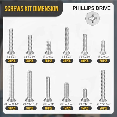 DTGN flat head machine screw assortment kit, 304 stainless steel silver screws in #6-32, #8-32 and #10-24 sizes