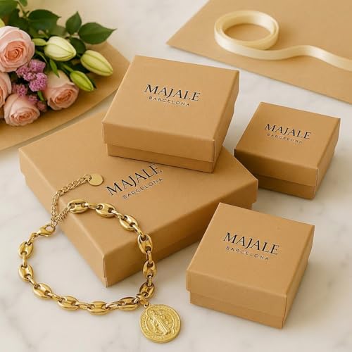 MAJALE Amulet Bracelet with St Benedict Medal in Gold Stainless Steel – Spiritual Protection – Water Resistant Chain Balls or Pumpkins – Religious Medal Calabrote_ S. Benito