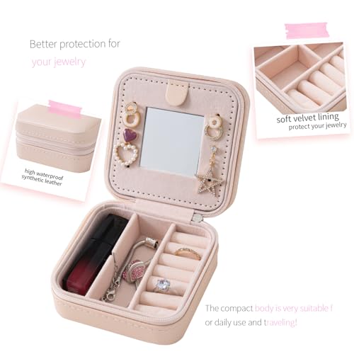 KElofoN Travel jewelry case Travel jewelry box Travel Jewelry Organizer Small Jewelry Organizer Box for Girls Women with Mirror (Pink-5) Pink-5