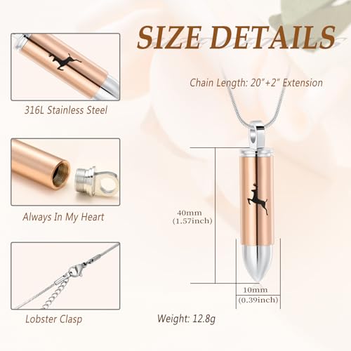 Deer Bullet Cremation Urn Necklace for Ashes Stainless Steel Memorial Cremation Jewelry for Loved One's Ashes Pendant Rose gold