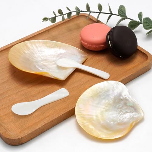 4 Pcs Natural Shell Plate Set, Includes 2 Gold Mother of Pearl Caviar Plates with 2 Pearl Spoons, Suitable for Storing Various Small Items or Holiday Gifts