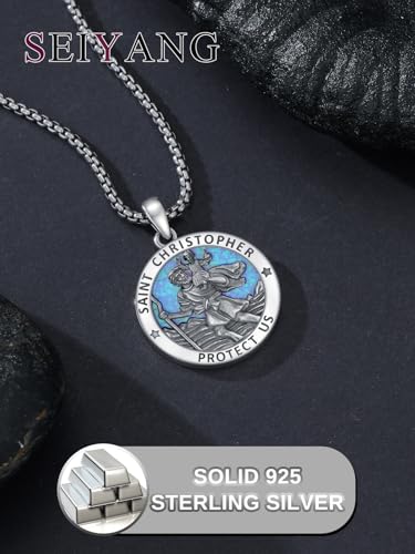 Seiyang 925 Sterling Silver Patron Saint Pendant Necklace Amulet Medals Religious Jewellery Gifts for Men Women (with Gift Box) A01-St Christopher Blue Opal
