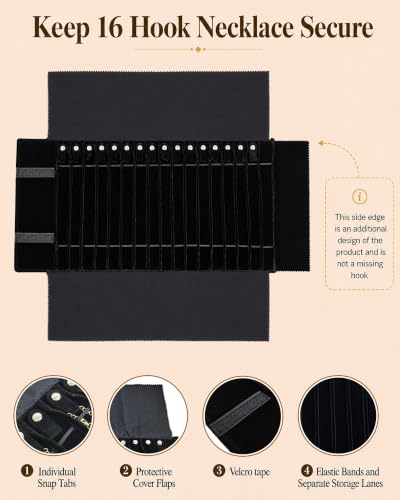 Black SCIKHEFT travel necklace organizer with 16 slots, tangle-free jewelry case, compact jewelry roll for travel storage.