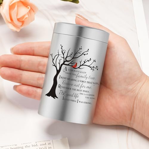 Small Keepsake Urn for Human Ashes, Mini Aluminum Memorial Urn with Tree of Life & Cardinal Design Decorative Cremation Keepsake Sympathy Gift for Memorial Silver