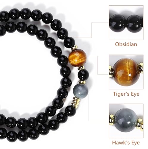 Black Obsidian Tiger Eye & Silver Obsidian Bracelet, Double Layer Beaded Crystal Bracelet for Men & Women, Healing Beads Stacked Double-Wrap Protection & Confidence Jewelry Gift