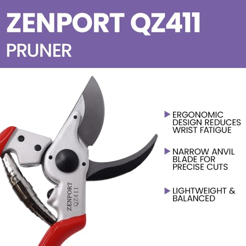 Zenport QZ411 narrow-head professional pruner scissors, 1-inch cutting capacity, 8.25-inch length
