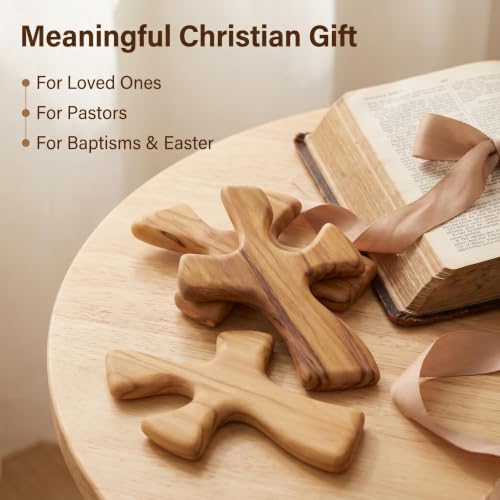 Yookin Olive Wood Prayer Cross for Hand, Hand Carved Clinging Cross, Wooden Palm Cross for Prayer,Christian Comfort Gift for Men Women, 4.72 Inch B