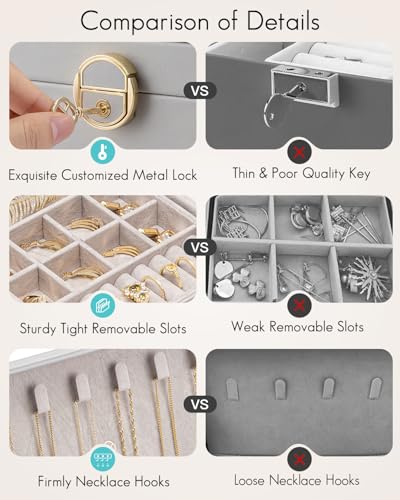VLANDO 2 Layer Jewelry Box,Jewelry Organizer Storage Lockable Earring Organizer Removable Jewelry Tray with Watch Pillow for Neckable Ring Bracelets-Grey 03.Grey-Pillow