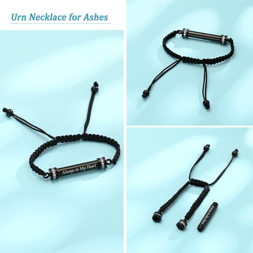 Urn Bracelet for Ashes Cremation Jewelry Braided Rope Adjustable Bangle Stainless Steel Memorial Bracelets Ash Holder Keepsake Jewelry-Always in My Heart E-Black