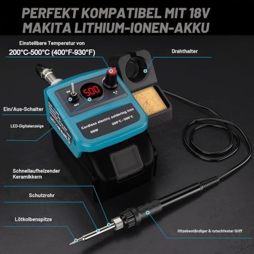Cordless Soldering Iron Set for Makita 18 V LXT Battery, 90 W LED Digital Soldering Iron Soldering Gun with 5 Pieces Tips, 0.04 Inch Soldering Wire for Any Hobby Enthusiast (Battery Not Included) For Makita battery