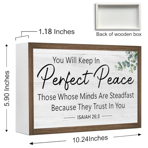 Ruvoty You Will Keep In Perfect Peace Isaiah 26:3 Bible Verse Wooden Box Sign Desk Decor,Rustic Scripture Wood Block Plaque Sign for Christian Farmhouse Home Office Shelf Tabletop Wall Decor