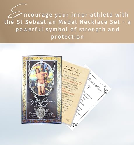 St Sebastian Medal Necklace - Pewter Saint Medal With Chain, Laminated Card, The Lord's Prayer Card - Patron of Athletes Themed Set - 3 Items