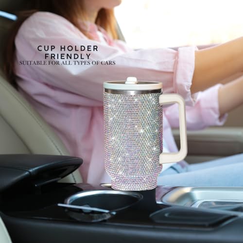 40 Oz Rhinestone Tumbler with Handle and Flip Straw, Insulated Stainless Steel Double Layer Bling Tumbler | Leak Proof Glitter Tumbler for Women | Reusable 1200ml Travel Bling Cups White AB Northern light 40.0